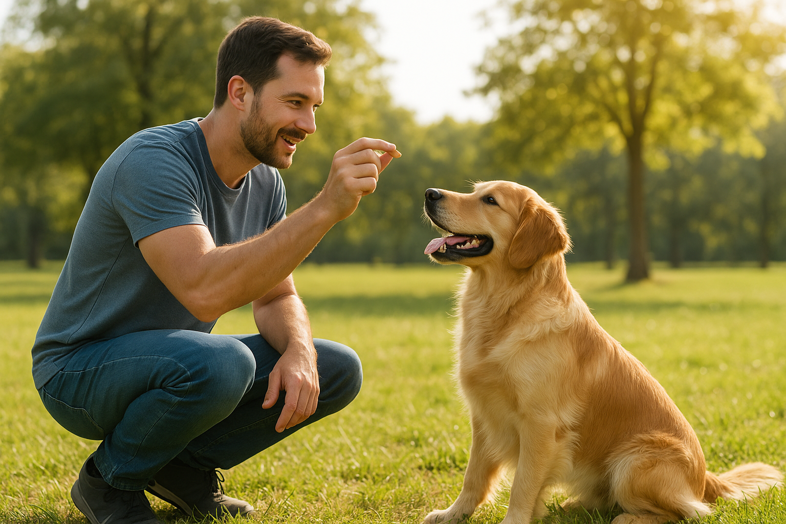 Cão sendo adestrado com carinho ao ar livre, representando os três pilares do adestramento de pets: paciência, consistência e reforço positivo.
