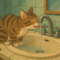 Gato doméstico bebendo água corrente na pia do banheiro, em uma cena aconchegante ilustrada no estilo Ghibli.