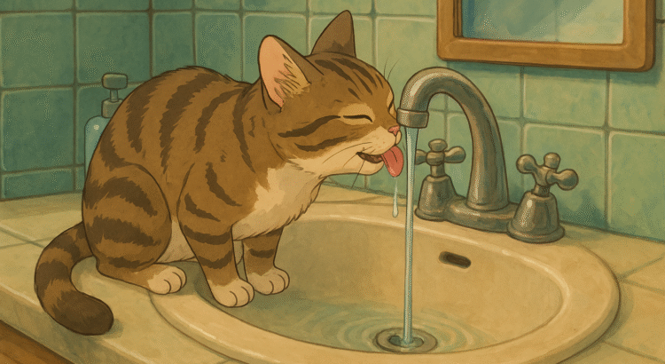 Gato doméstico bebendo água corrente na pia do banheiro, em uma cena aconchegante ilustrada no estilo Ghibli.