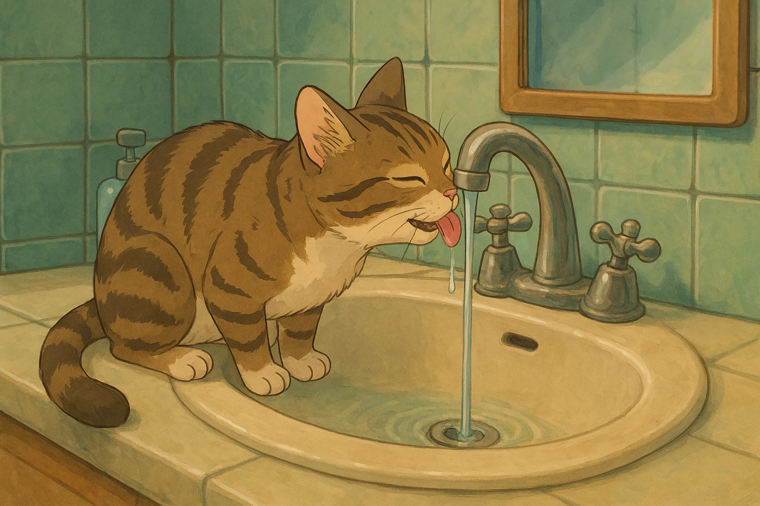 Gato doméstico bebendo água corrente na pia do banheiro, em uma cena aconchegante ilustrada no estilo Ghibli.